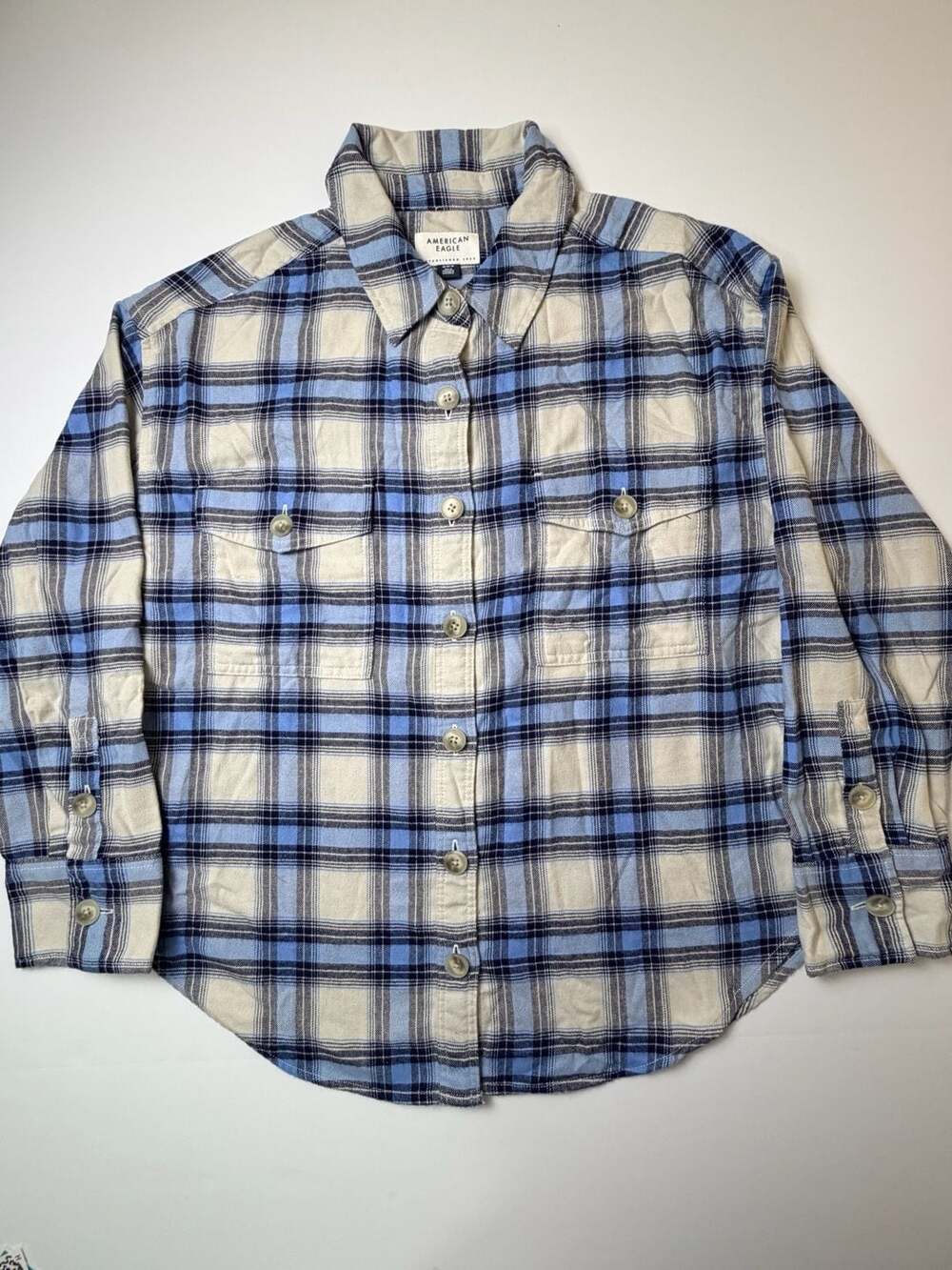 American Eagle AEO Womens Plaid Flannel Shirt Blue White Button Up Fall Top M